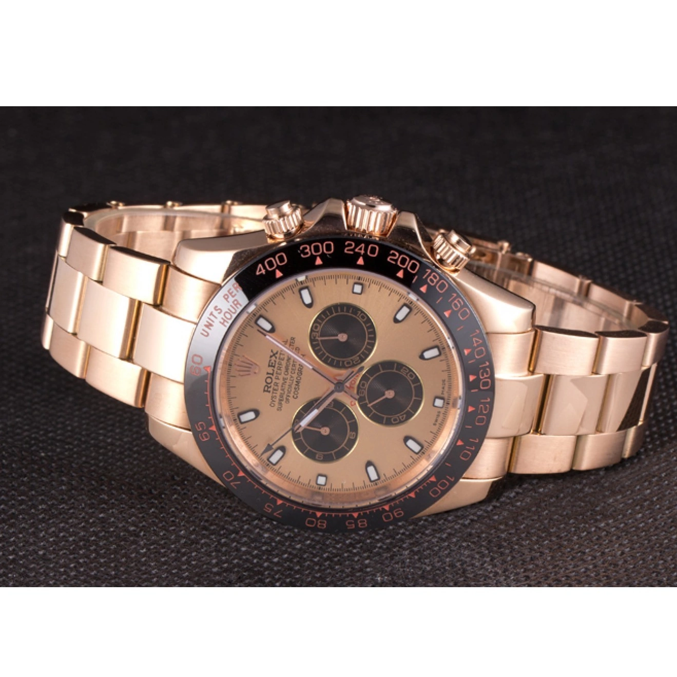 Aaa replica watch Plated Rose Gold Tachymeter Gold Ion Dial Daytona Strap Rolex Rose 80244 0716